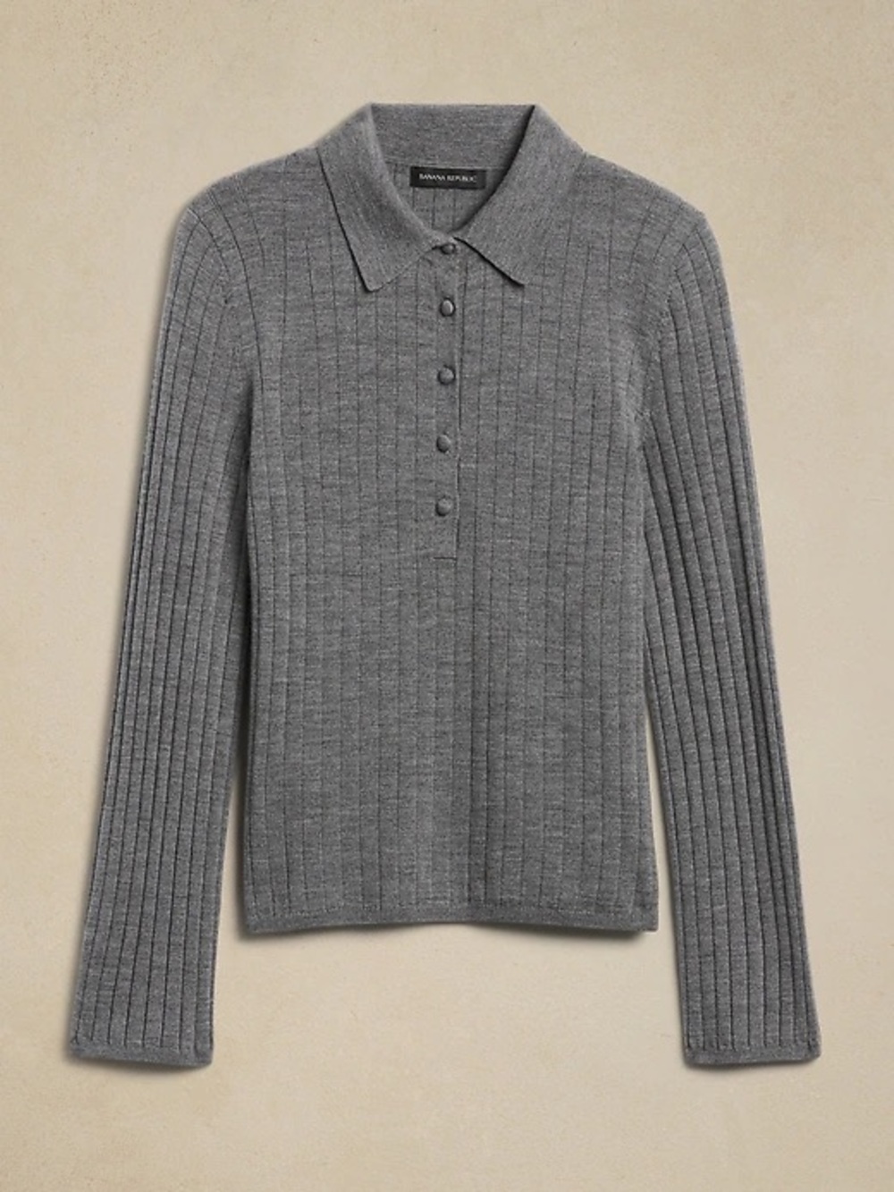 Banana Republic Nezha 100% Merino Wool Sweater Polo Grey Ribbed Medium Petite